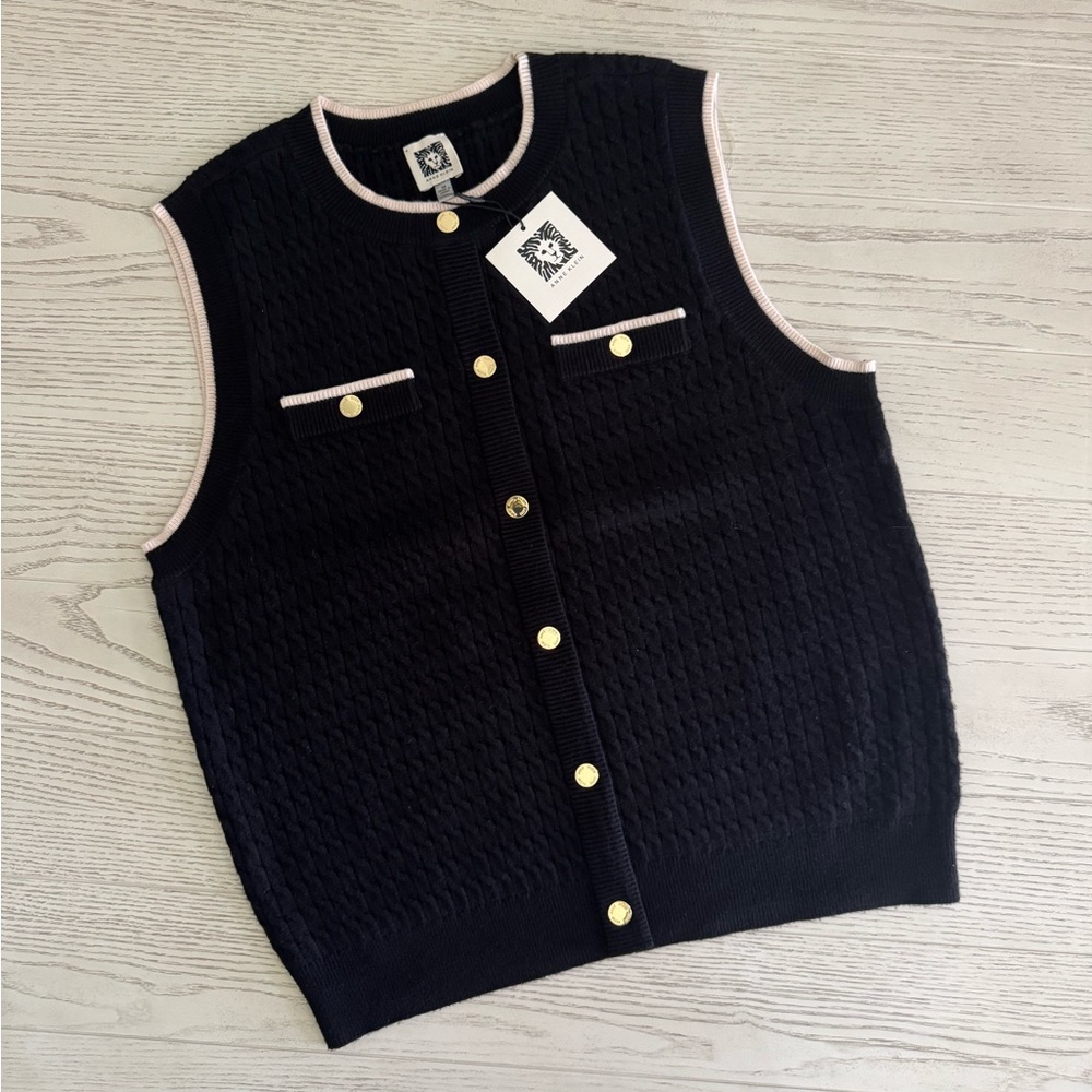 SOLD Anne Klein Black & Ivory Braided Sweater Vest Blouse
